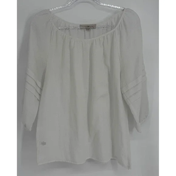 Ann Taylor LOFT White Pintuck Sleeve Peasant Blouse Sz S 3/4 Sleeve Scoop Neck