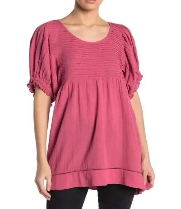 Free People ELSIE TUNIC Puff Sleeve Cotton Linen Blend Babydoll Top Pink M $98