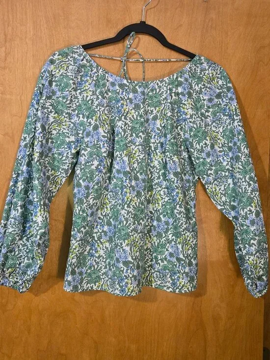 J. Crew Tie Back Stretch Cotton Poplin Top Floral Green XS size 2 Organic cotton