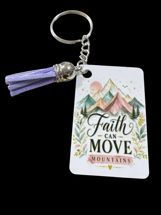 Faith Can Move Mountains Keychain, Metal, Inspirational Christian Quote with Pur