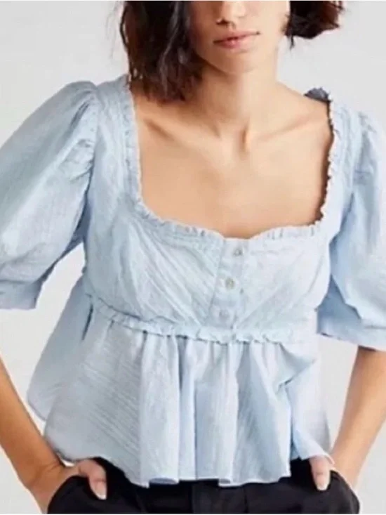#360 FREE PEOPLE Leave It To Me Pale Blue Square-Neck Peplum Puff Sleeve NWT L