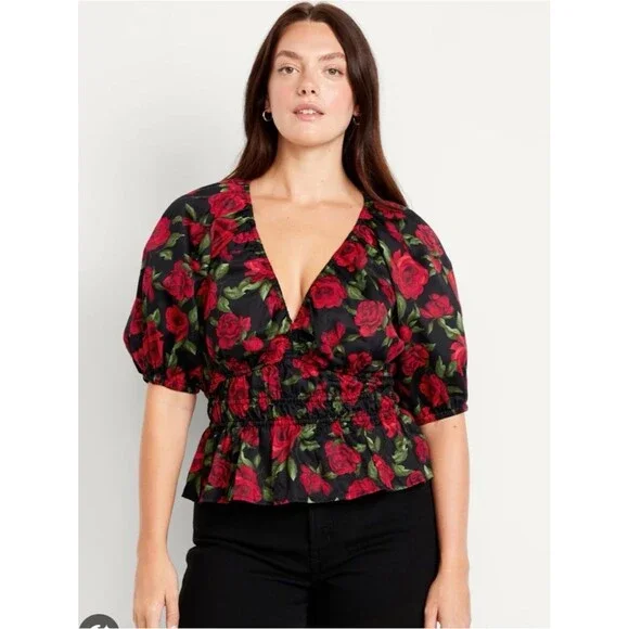 Old Navy Floral Smocked Babydoll Top XL Red Rose Print Puff Sleeve Boho
