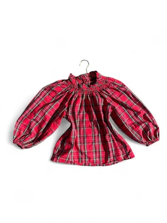 J.Crew Re-Imagined Red Plaid Peasant Blouse Puff Sleeve Cottagecore Top