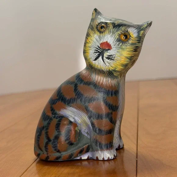 Hand Painted Wood Cat Figurine – Folk Art Tabby Sculpture w/ Amber Eyes 5