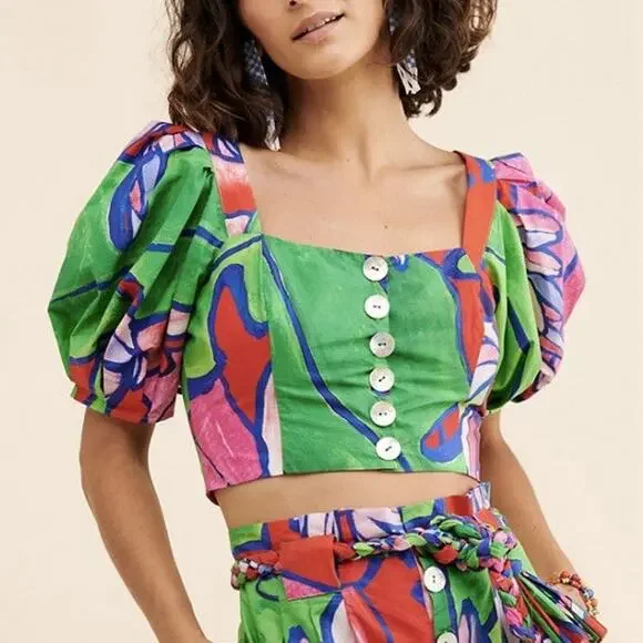 Farm Rio Tropical Bunch Puff Sleeve Top Womens XS Multicolored Buttons
