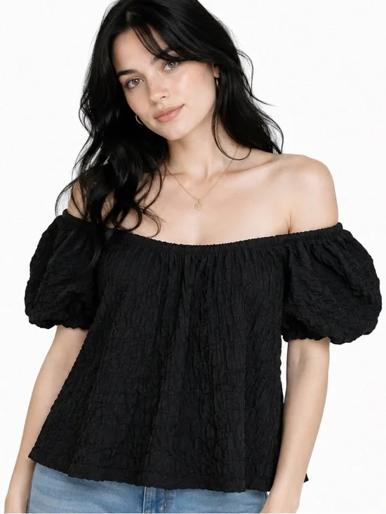 Old Navy Black Off-the-Shoulder Puff Sleeve Lacy Blouse | Size Large