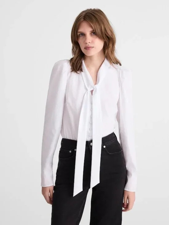 Madewell V-Neck Cotton Button Front Removeable Necktie Top White Size XS NWT