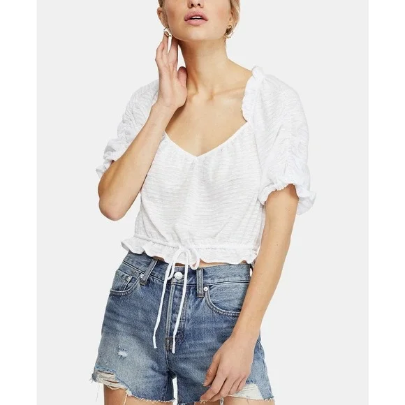 Free People Dorothy White Textured Puff Sleeve Tie Front Crop Top Small