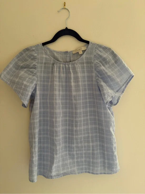 LOFT Light Blue Plaid Short Sleeve Top