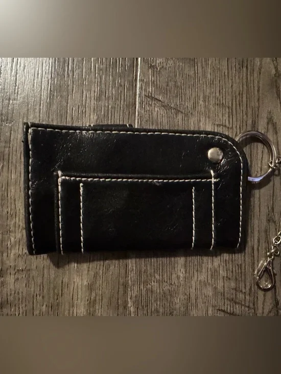 Black Leather Zip Key Wallet with White Stitching