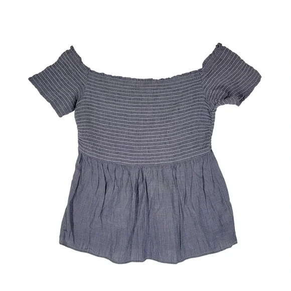 Old Navy Smocked Peplum Top Women Medium Blue Off Shoulder Short Sleeve Striped