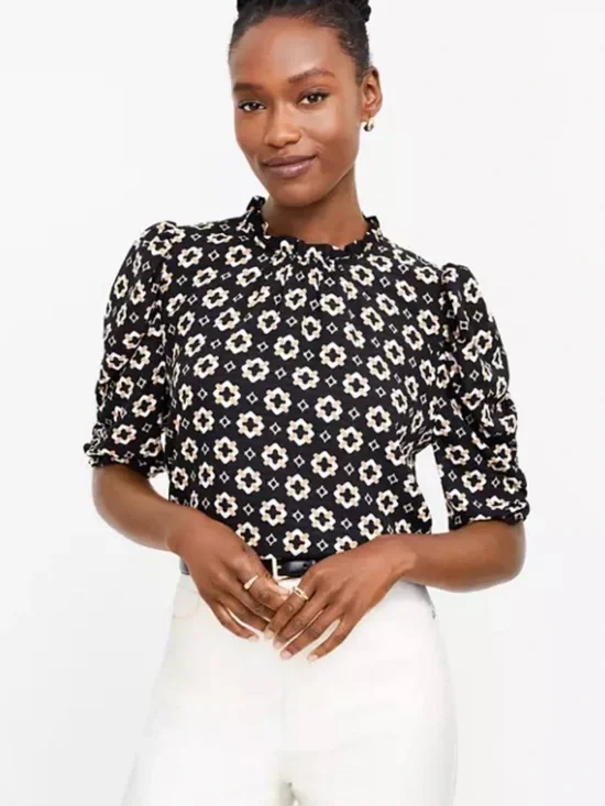 LOFT Black Floral Puff-Sleeve Mock-Neck Blouse