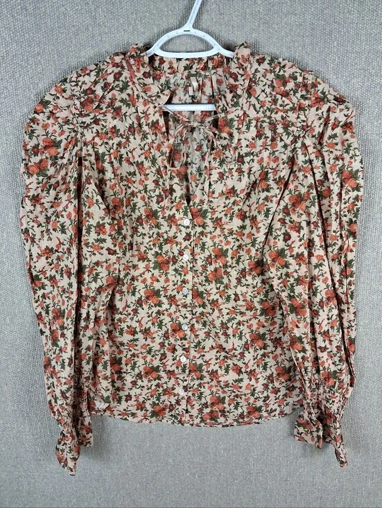 Free People Meant To Be Floral Ruffle Tie Neck Puff Sleeve Blouse Vintage Combo