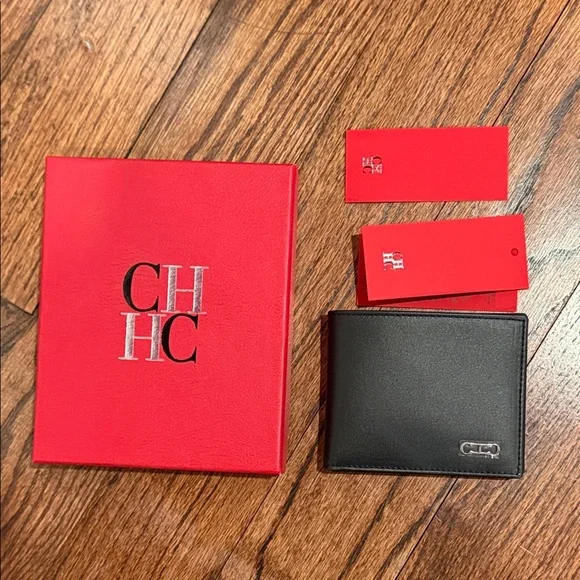 NIB CH Carolina Herrera Black Leather Men's Bifold Wallet