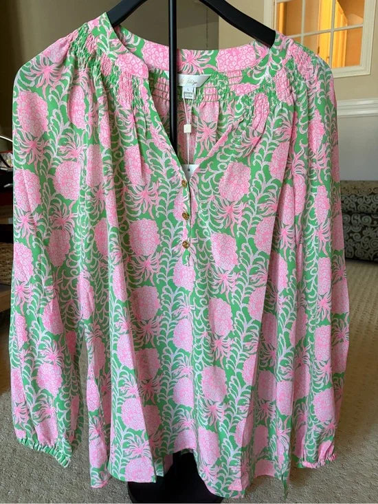 Lilly Pulitzer Pink & Green Floral Button-Front Puff Sleeve Blouse