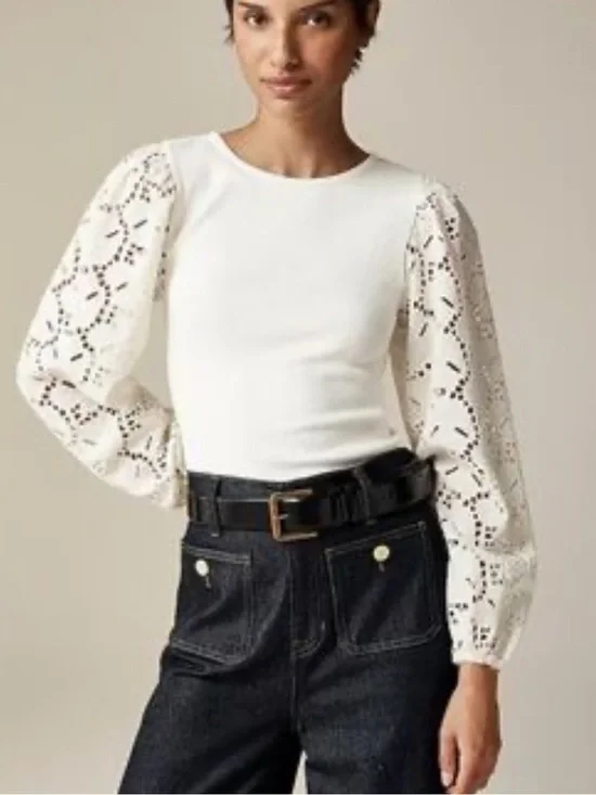 J crew Cream Eyelet Puff-Sleeve Top Long Sleeve Cotton 2x