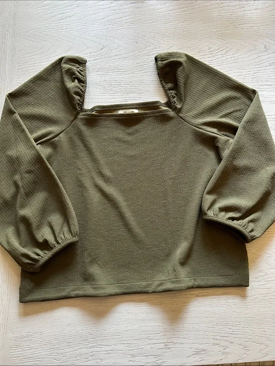 Madewell Olive Square Neck Puff Sleeve Long Sleeve Top