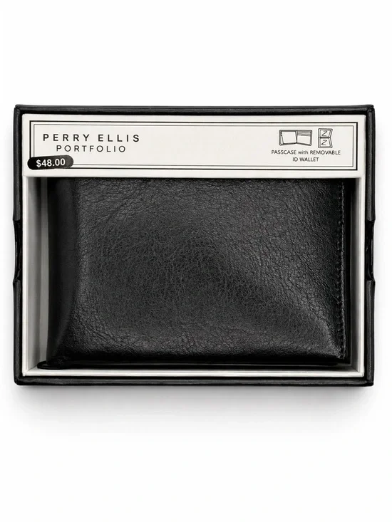 Perry Ellis Black Leather Bi-Fold Wallet Mens Wallet