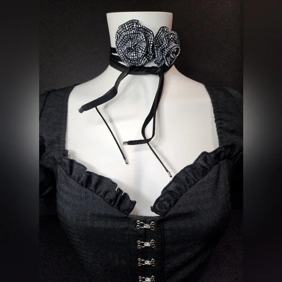 Black Rhinestone Rose Long Tie Choker Necklace