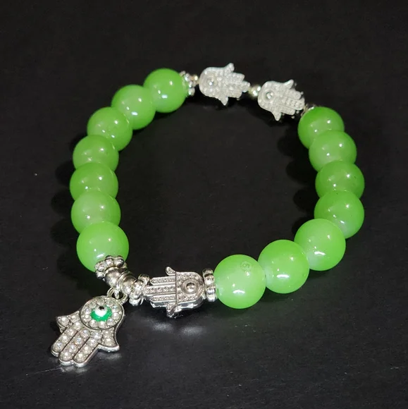 Neon Green Glass Beaded Hamsa Stretch Bracelet