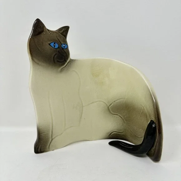 Vintage Seymour Mann Japan Siamese Cat‎ Ceramic Flat Curved Figurine Blue Eyes