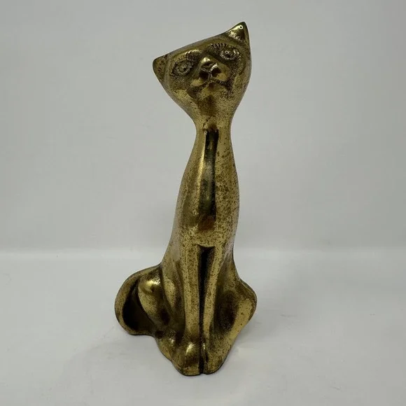 Vintage Solid Brass Cat‎ Figurine Statue Sculpture MCM Style Gold Tone Korea