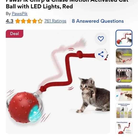 NIB Chirp and Chase Motion Activated Cat Ball with LED Lights  - Red