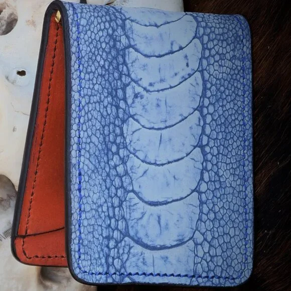 Denim Blue Ostrich Leg Billfold Wallet with Money Clip Luxe Premium Gift