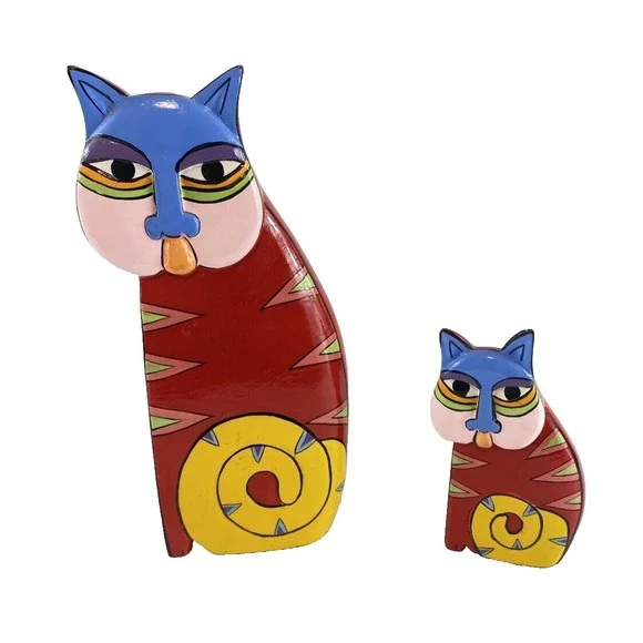 Set of 2 Wooden Cat Figurines Tallest is 8