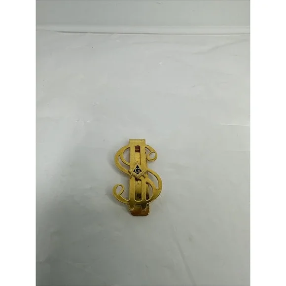 Gold Tone Blue Masonic Freemason Dollar Sign Money Clip Vintage