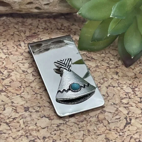 Teepee Tipi Native American Money Clip Stainless Steel Arrow Quality  Turquoise