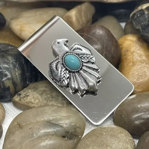 THUNDERBIRD Native American Money Clip Stainless Steel UNIQUE T-Bird Turquoise