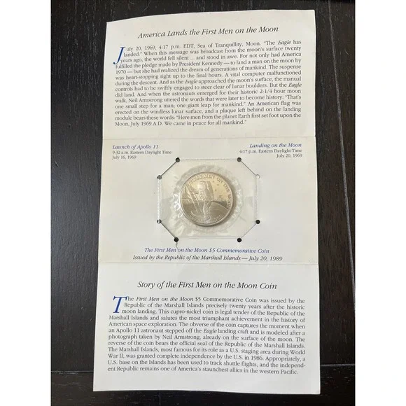 1989 FIRST MEN ON THE MOON 5 DOLLAR $5 COIN REPUBLIC OF THE MARSHALL ISLANDS NEW