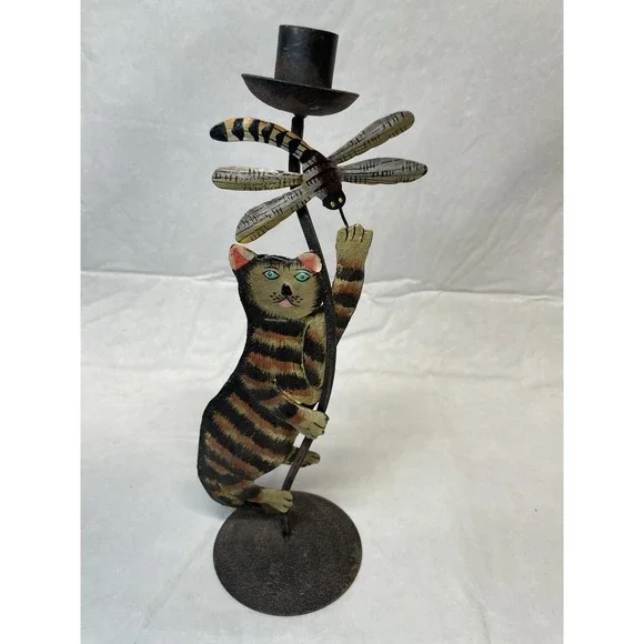 VTG Hand painted Metal 3-D Tabby Cat Dragonfly Candelabra 12
