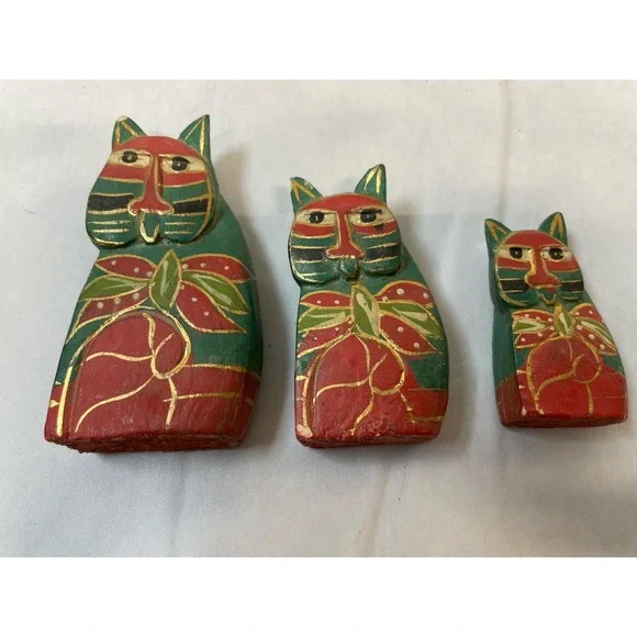 3 Vintage Wooden Cat Figurine Handmade Hand Painted Folk Art Holiday Christmas