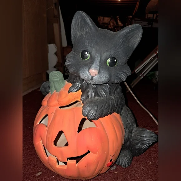 Hand Made Halloween Cat and Pumpkin Decor