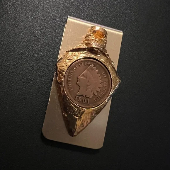 1901💥Rare~Vintage💥United States Indian Head Coin Gold Tone Money Clip