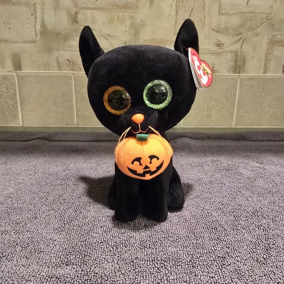 Ty Beanie Boos Shadow The Halloween Cat Plush with Orange Pumpkin 6