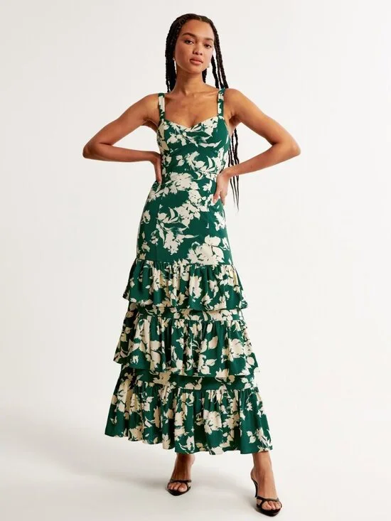 Abercrombie & Fitch Ruffle Tiered Maxi Dress Green Pattern Size S NWT $150