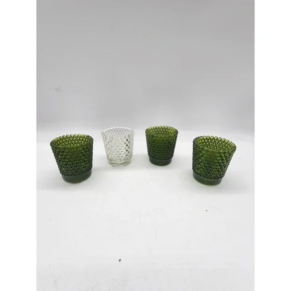 Vintage Hobnail Glass Votive Candle Holders Set of 4 Green and Clear Mid Century