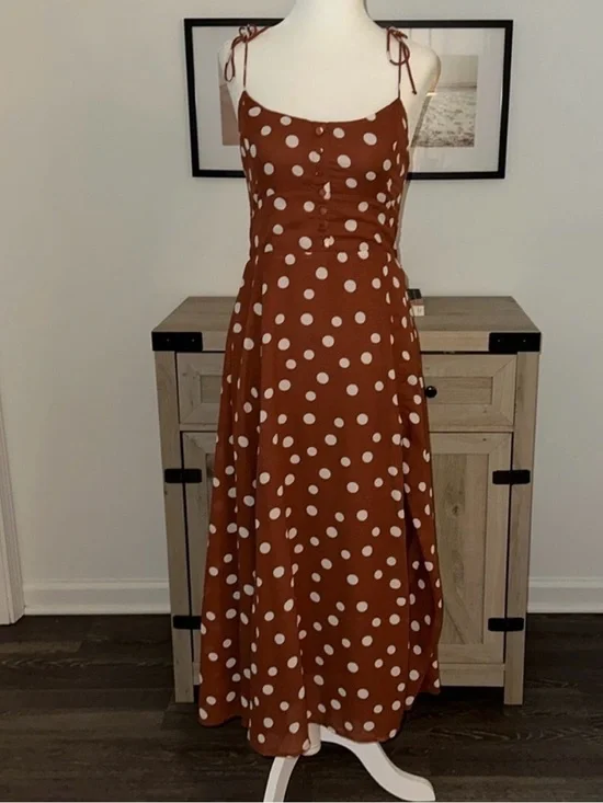 Abercrombie & Fitch Rust Polka Dot Tie-Shoulder Maxi Dress