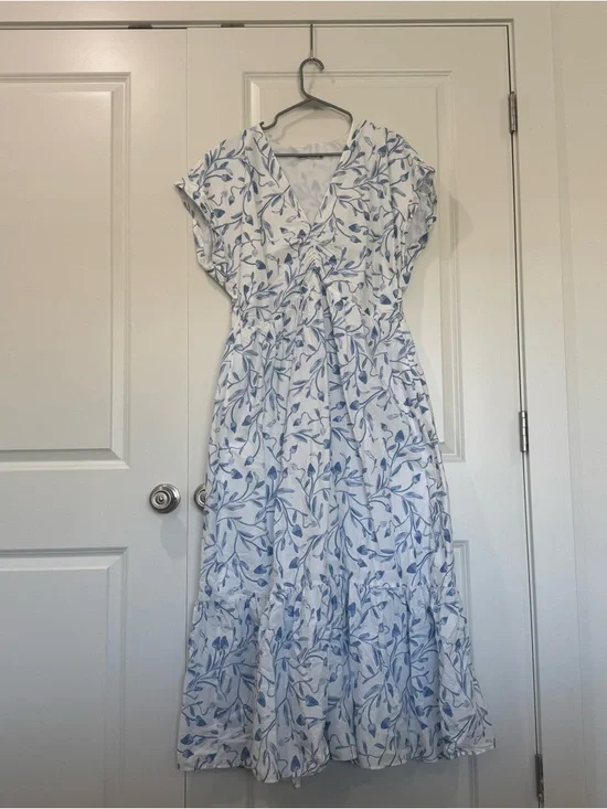 Abercrombie & Fitch White Maxi Dress with Blue Leaf Print