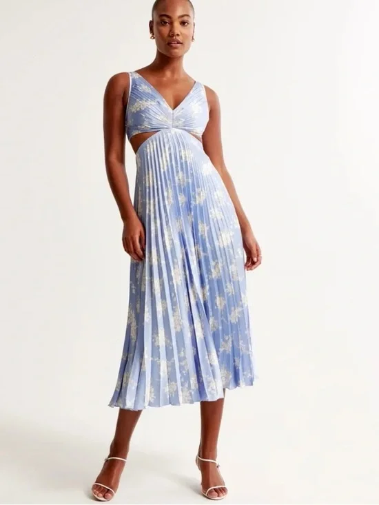 Abercrombie & Fitch Light Blue Floral Cutout Pleated Maxi Dress