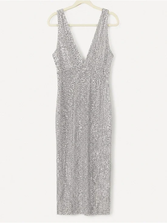 Abercrombie & Fitch Silver Sequin V-Neck Madi Dress NWOT Open Back Vegas Sz M
