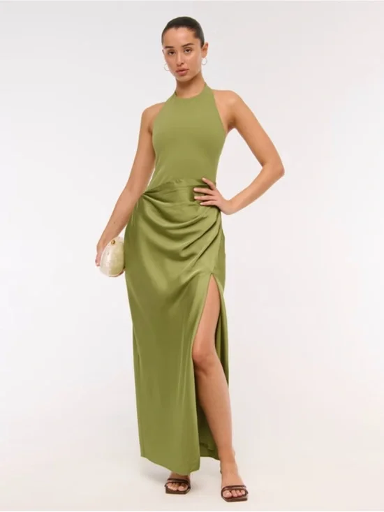 NWT Abercrombie Olive Mixed Fabric Halter Dress