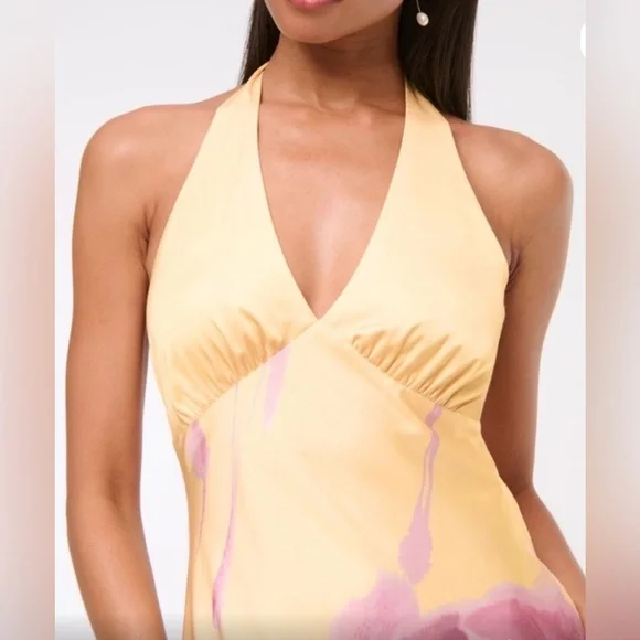 Abercrombie and Fitch Yellow Halter V-Neck Dress with Pink Accents