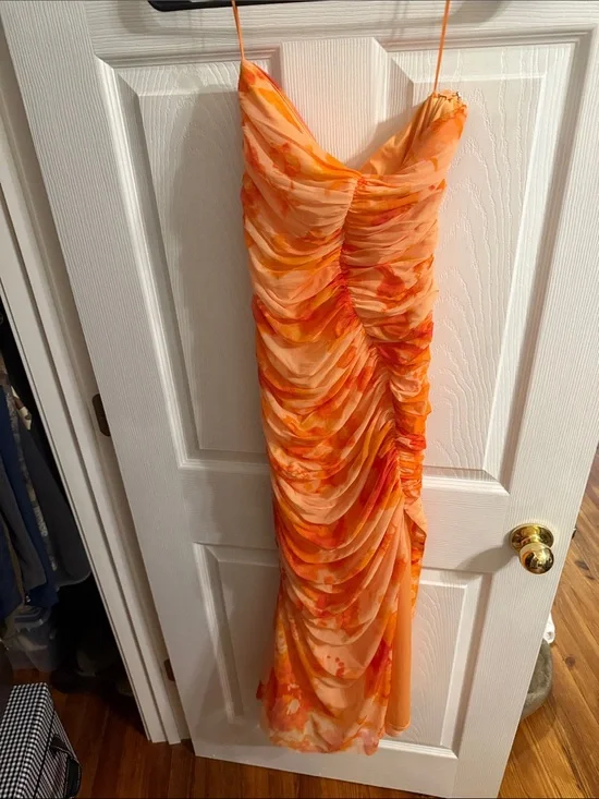 Abercrombie & Fitch Orange Watercolor Ruched Slip Maxi Dress