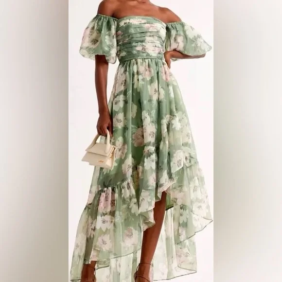 Abercrombie & Fitch Sage Green Floral Off-Shoulder Maxi Dress