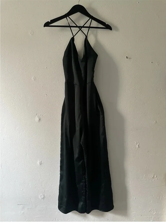 Abercrombie & Fitch Womens Small Black Satin Jumpsuit Strappy Open Back Wide Leg