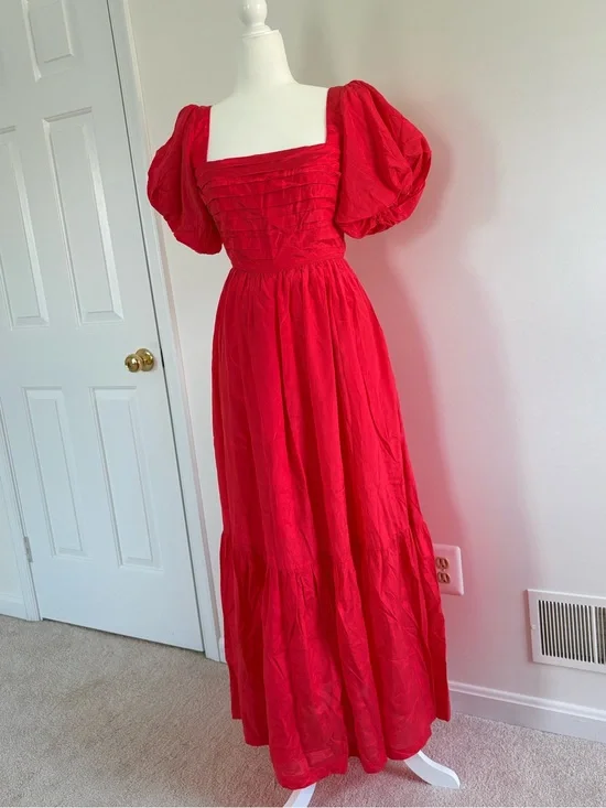 Abercrombie & Fitch Red Puff-Sleeve Square-Neck Maxi Dress